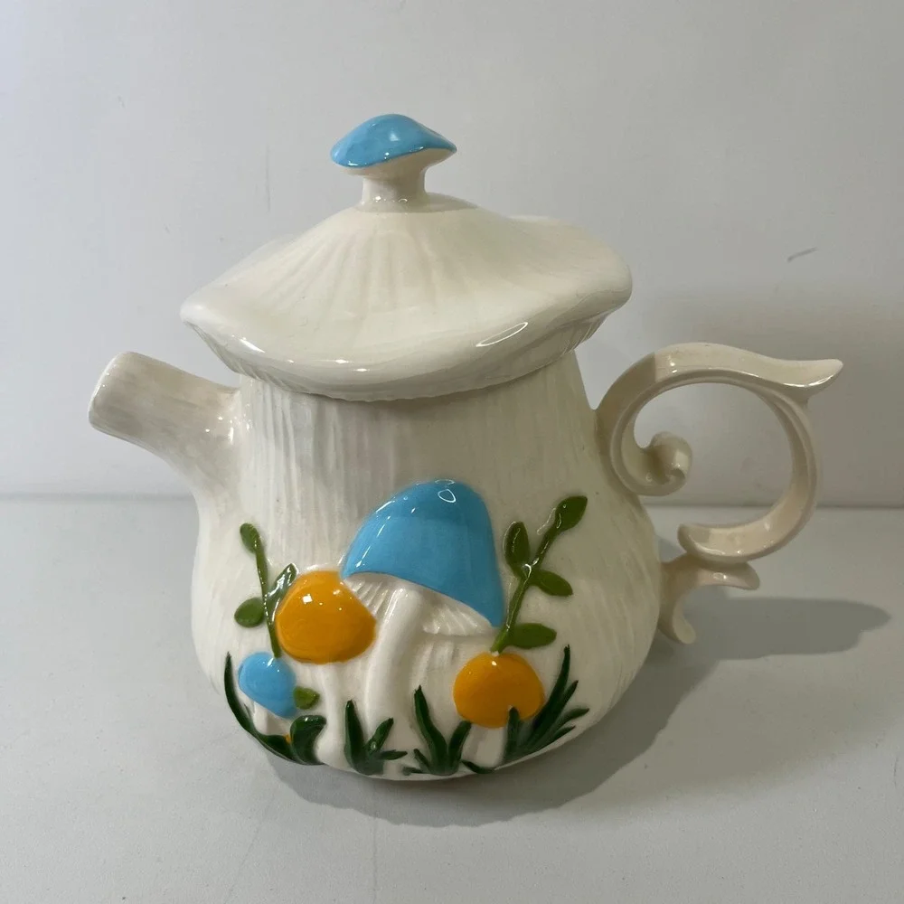 Vintage Arnels Mushroom Teapot Ceramic Retro Hand Painted Cottagecore 1970s